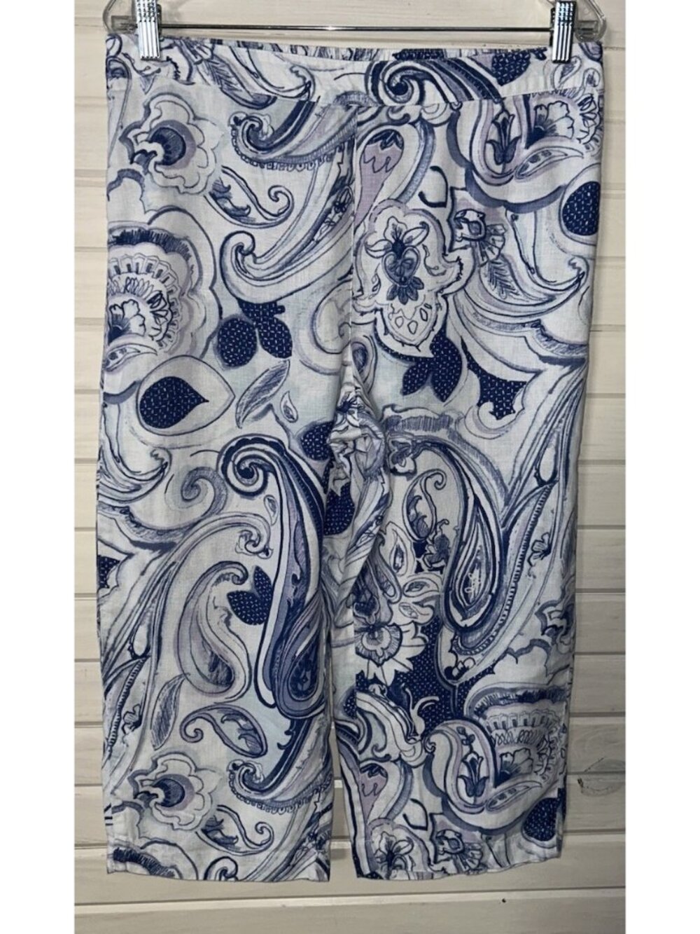 Chicos Sz 1.5 (10) Capri Blue Paisley Wide Leg Linen Pants Pull On Pockets EUC